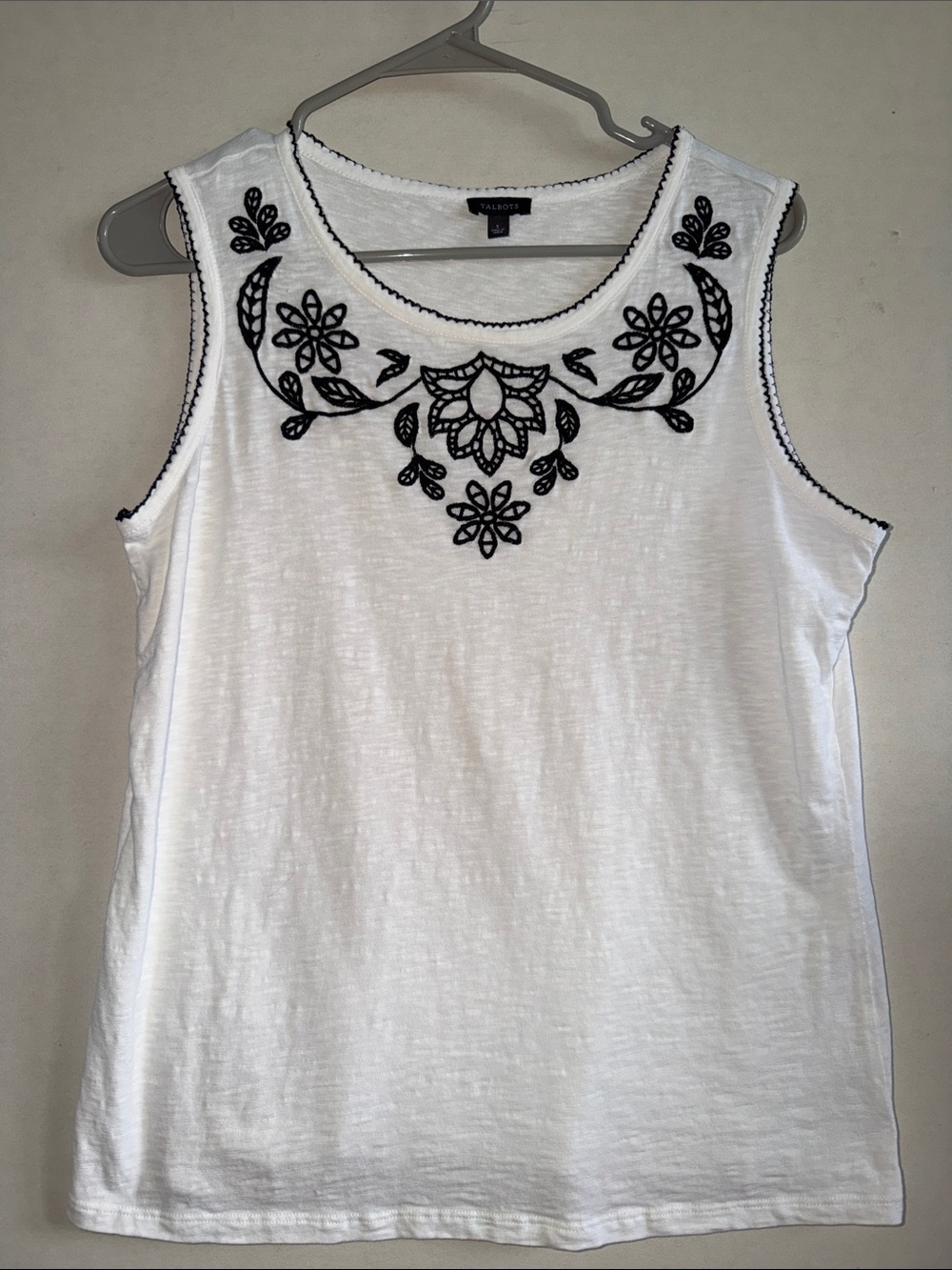 Talbots White Sleeveless Tank with Black Floral Embroidery